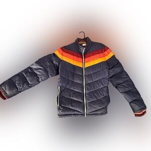 Marine Layer Dark Blue Puffer Jacket with Colorful Stripes